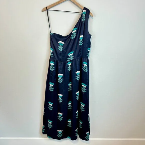 Ann Taylor Silk Navy Floral One Shoulder Dress - Picture 7 of 8